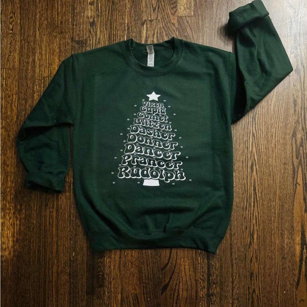 Hanes Dark Green Crewneck Sweater with Holiday Design - Reindeers santa